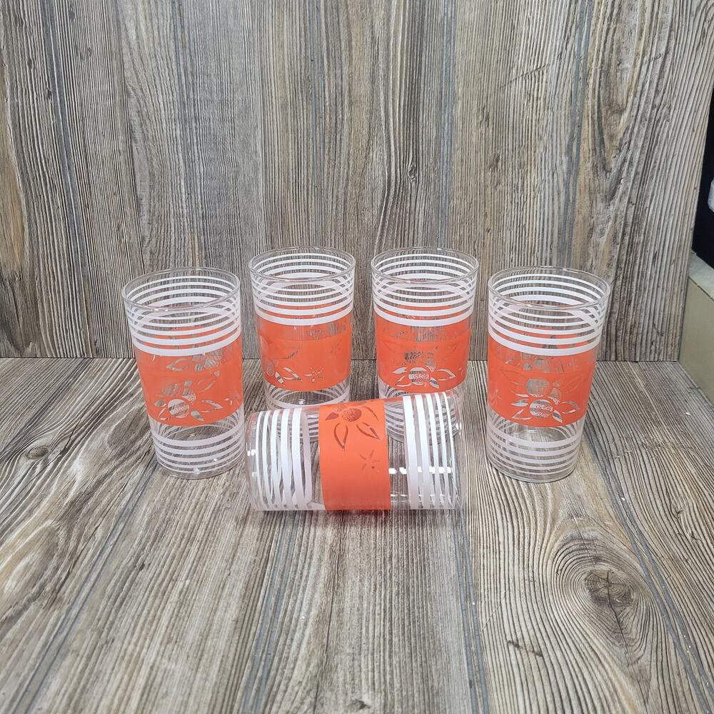 5 Retro Glass Tumblers, Red Fruit Band, White Stripes
